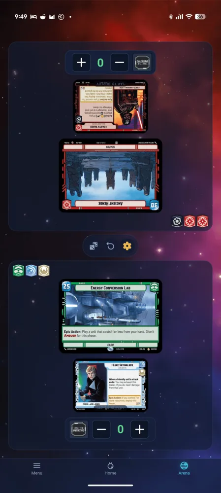 Galaxy Tracker's Arena screen, showing base and leader cards with HP and initiative trackers